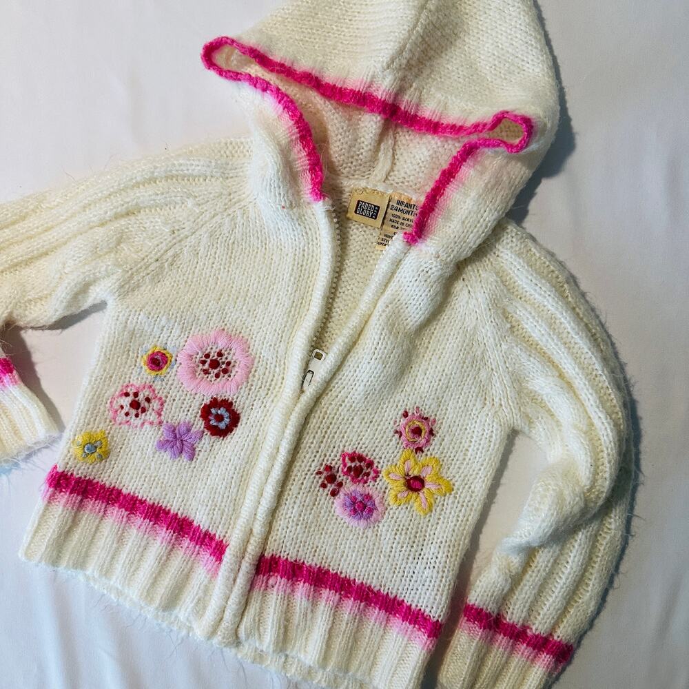 Vintage 90s Faded Glory Flower Embroidered Soft Knit Hooded Zip Up Sweater 24mo